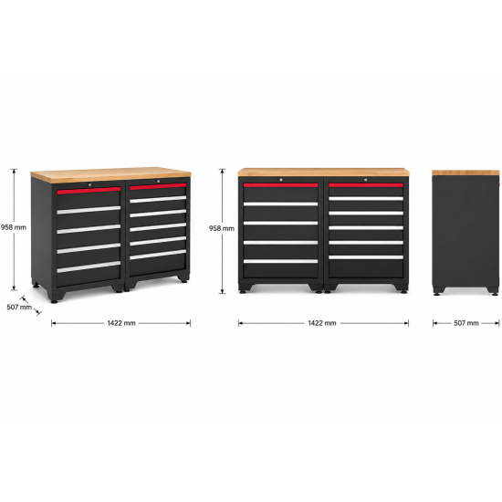 RETTER Werkstatt-Schrankkombination 1422 x 507 x 958 mm mit Massivholz-Arbeitsplatte RTP3H14