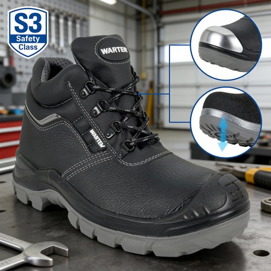 WARTER HIGHSAFE Sicherheitsschuhe S3 – Knöchelhoch, Leder, Wasserdicht, Rutschfest SRC, ESD – EN ISO 20345