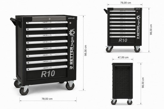 Preview: Werkzeugwagen R10 mit Werkzeug 394-tlg. | 8 Schubladen - RETTER Werkstattwagen Black Edition