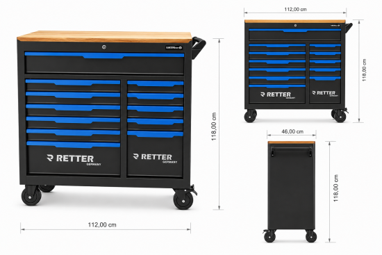 RETTER R22 Werkzeugwagen mit Werkzeug - 12 Schubladen, inklusive robuster Holz-Arbeitsplatte und 338-tlg. Werkzeugsatz