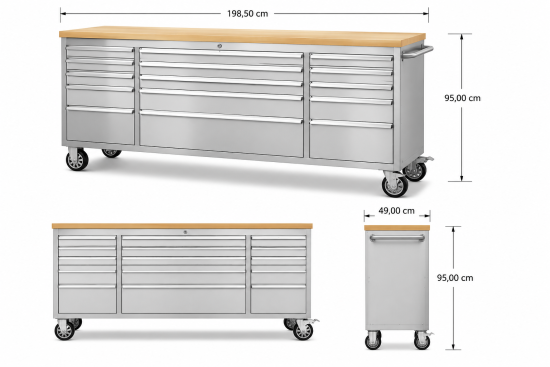 Preview: RS1 Edelstahl Workstation mit 15 Schubladen