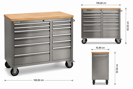 Preview: RS4 Workstation Edelstahl 42 Werkzeugschrank mit Massivholz-Werkbank