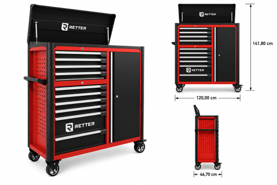 RETTER Werkstattwagen 10 Schubladen + Seitenschrank - Rollwagen 1200 mm mit Interlock System R3410XXL
