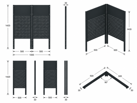 Preview: Lochwandplatten 2-tlg. für Eck Modul für Schranksystem RTX5000 - 1420 x 1000 x 30 mm | RETTER RTX-5000