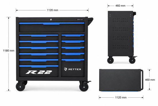 Preview: RETTER R22S Werkzeugwagen inkl. 303-tlg. CR-V Werkzeugset und Edelstahl-Arbeitsplatte mit 12 Schubladen
