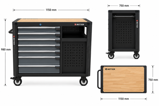 Mobiler Werkzeugwagen RETTER RS12 inkl. robuster Holz-Arbeitsplatte