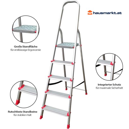 5-Stufen-Aluleiter 1490 x 920 x 450 mm - mit Sicherheitsbügel - HAUSMARKT