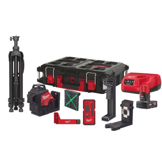 Akku - Kreuzlinienlaser 12V - inkl. 4.0Ah Akku und Schnellladegerät im PACKOUT Koffer | Milwaukee - M12 3PLKIT-401P