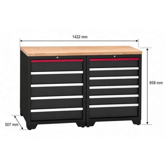 Preview: RETTER Werkstatt-Schrankkombination 1422 x 507 x 958 mm mit Massivholz-Arbeitsplatte RTP3H14