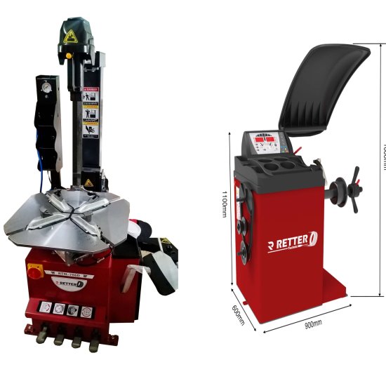 Reifenwuchtmaschine - Auto Messung RETTER WB65b & Reifenmontiermaschine - pneumatisch Kippsäule RETTER 706D Red
