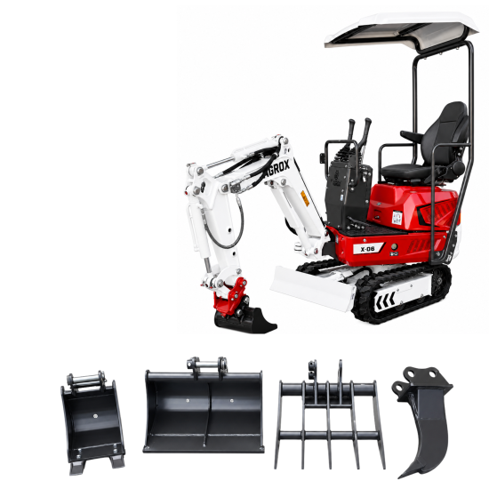AGROX Austria Edition X-06 Benzin-Minibagger 640 kg mit Schaufelpaket – kompakter Kettenbagger mit Loncin G300FA Motor, Schutzdach