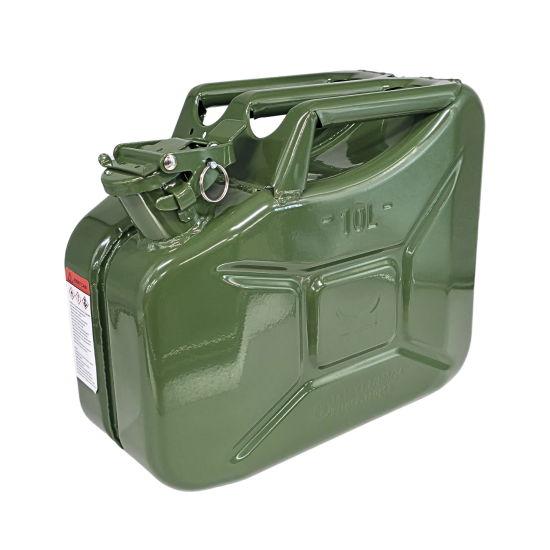 Kraftstoffkanister 10L Metall – Benzinkanister Olivgrün RAL 6003 robust und Auslaufsicher - UN zertifiziert