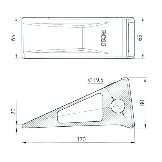 Preview: Baggerzahn PC60 für Minibagger, hochverschleißfester Löffelzahn 170 mm