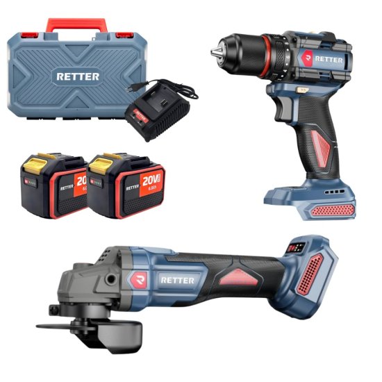 RETTER 20V Akku-Set mit Schlagbohrschrauber RT20-DR13M, Winkelschleifer RT20-G125M, 2 Akkus und Ladegerät