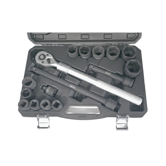 Preview: Steckschlüsselsatz 3/4'' – 16-tlg. Profi Nuss-Set aus Carbonstahl – 6-Kant SET, inkl. Ratsche und Verlängerungen