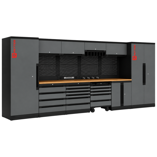 RETTER Werkstatt Set RT-2000 - 30 Teile mit Massivholzplatte und Lochwand 4365 x 560 x 2040 mm - Werkstatteinrichtung RT-P30H436