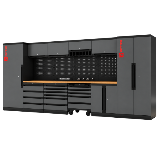 Preview: RETTER Werkstatt Set RT-2000 - 30 Teile mit Massivholzplatte und Lochwand 4365 x 560 x 2040 mm - Werkstatteinrichtung RT-P30H436