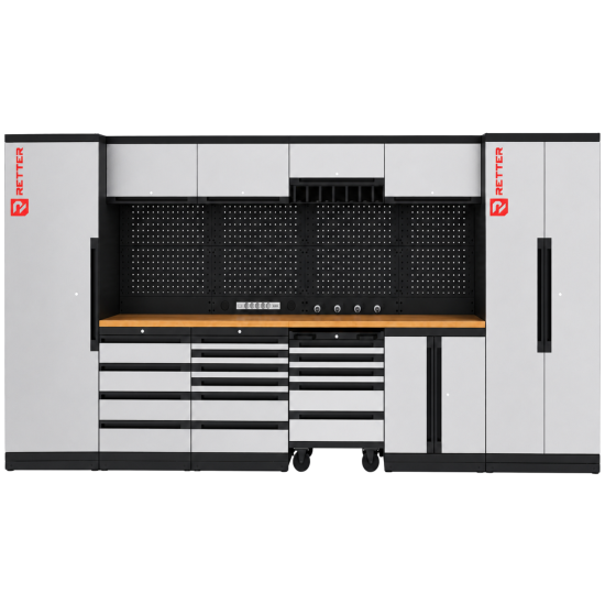 Preview: RETTER Werkstatt Set RT-2000 - 30 Teile mit Massivholzplatte und Lochwand 4365 x 560 x 2040 mm - Werkstatteinrichtung RT-P30H436
