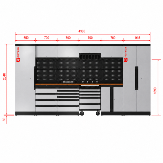 Preview: RETTER Werkstatt Set RT-2000 - 30 Teile mit Massivholzplatte und Lochwand 4365 x 560 x 2040 mm - Werkstatteinrichtung RT-P30H436