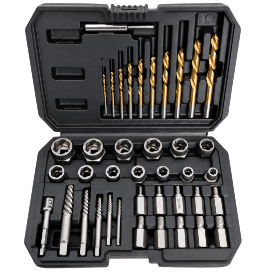 RETTER 40-tlg. Schrauben-Ausdreher-Set - Schrauben-, Bolzen- & Muttern-Entferner mit HSS-Bohrern, Spiral-Ausdrehern und Stecknuss-Ausdrehern im Koffer
