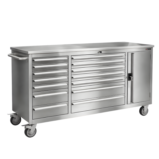RETTER Edelstahl RS6 Werkstattwagen XXL 194 cm - Fahrbare Werkbank mit 14 Schubladen und Schrankfach 1940 x 515 x 1045 mm