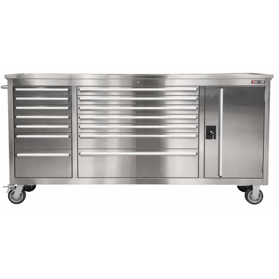 Preview: RETTER Edelstahl RS6 Werkstattwagen XXL 194 cm - Fahrbare Werkbank mit 14 Schubladen und Schrankfach 1940 x 515 x 1045 mm