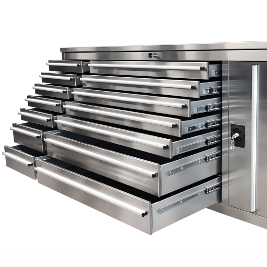 RETTER Edelstahl RS6 Werkstattwagen XXL 194 cm - Fahrbare Werkbank mit 14 Schubladen und Schrankfach 1940 x 515 x 1045 mm