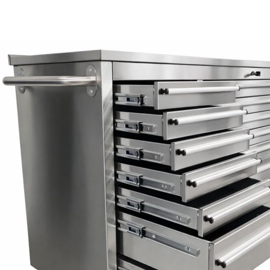 RETTER Edelstahl RS6 Werkstattwagen XXL 194 cm - Fahrbare Werkbank mit 14 Schubladen und Schrankfach 1940 x 515 x 1045 mm