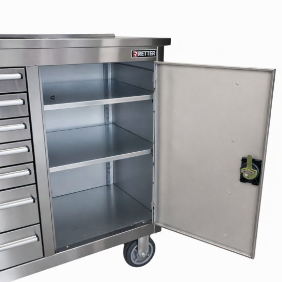 RETTER Edelstahl RS6 Werkstattwagen XXL 194 cm - Fahrbare Werkbank mit 14 Schubladen und Schrankfach 1940 x 515 x 1045 mm