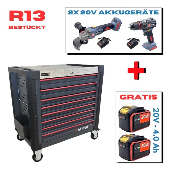 Mobiler Werkzeugwagen R13 - 8 Schubladen | Premiumqualität RETTER - Chrom-Vanadium-Werkzeugset
