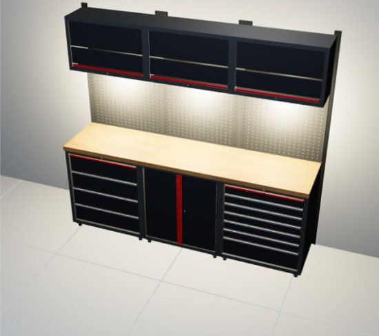 Ansicht mit eingeschalteter LED-Beleuchtung der RETTER Premium Werkstatteinrichtung RT-P10H21 mit Holzarbeitsplatte – 3D-Darstellung