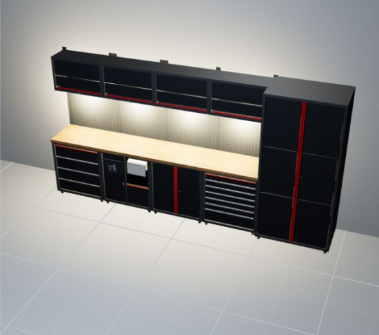 Ansicht mit eingeschalteter LED-Beleuchtung der RETTER Premium Werkstatteinrichtung RT-P15H38 mit Holzarbeitsplatte – 3D-Darstellung