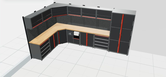 Perspektivische Gesamtansicht der RETTER Premium Werkstatteinrichtung RT-P21H39 mit Holzarbeitsplatte – 3D-Darstellung