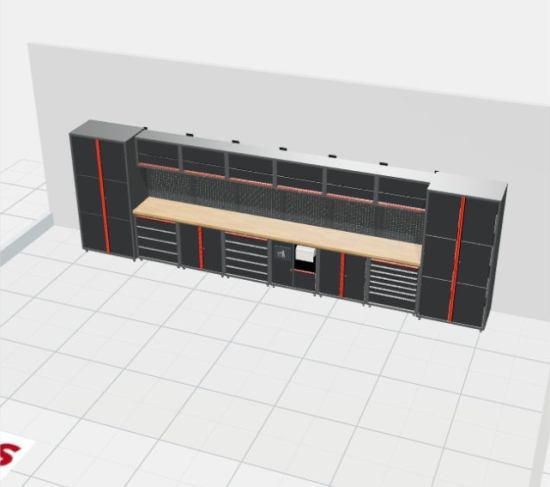 Perspektivische Gesamtansicht der RETTER Premium Werkstatteinrichtung RT-P23H61 mit Holzarbeitsplatte – 3D-Darstellung
