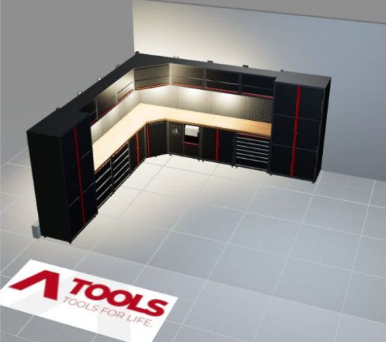 Ansicht mit eingeschalteter LED-Beleuchtung der RETTER Premium Werkstatteinrichtung RT-P25H39 mit Holzarbeitsplatte – 3D-Darstellung
