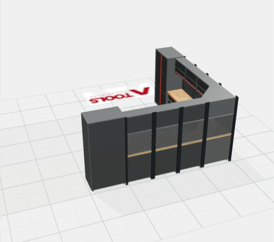 Rückansicht der RETTER Premium Werkstatteinrichtung RT-P25H39 mit Holzarbeitsplatte – 3D-Darstellung
