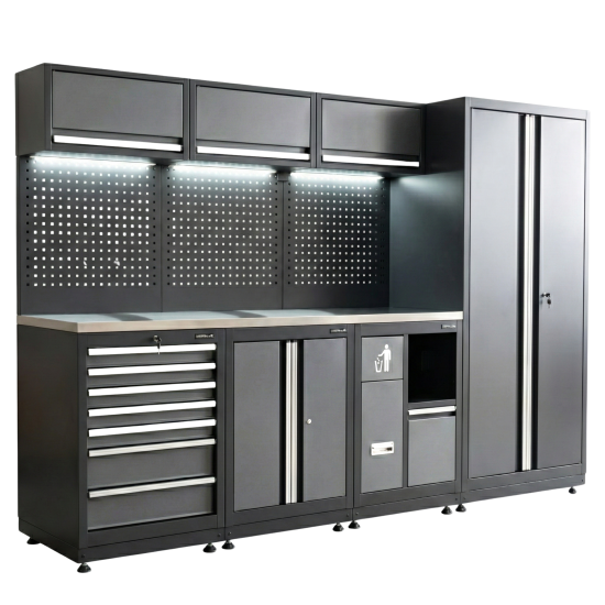 RETTER Werkstatteinrichtung RTX-0900 16-tlg Schranksystem 0,8 mm Stahl mit LED-Beleuchtung und Edelstahlarbeitsplatte 2955 x 525 x 1990 mm