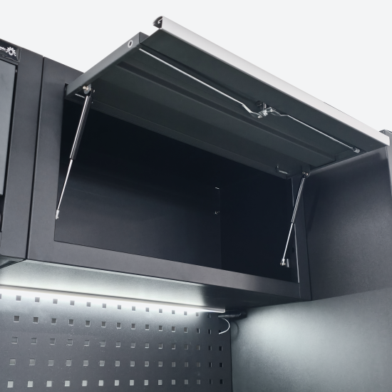 RETTER Werkstatteinrichtung RTX-0900 16-tlg Schranksystem 0,8 mm Stahl mit LED-Beleuchtung und Edelstahlarbeitsplatte 2955 x 525 x 1990 mm