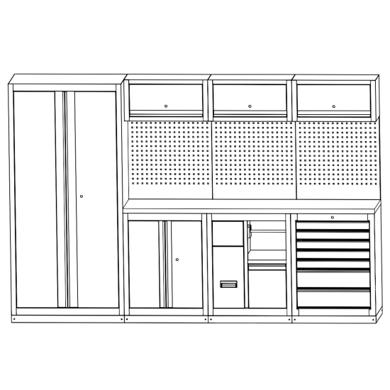 RETTER Werkstatteinrichtung RTX-0900 16-tlg Schranksystem 0,8 mm Stahl mit LED-Beleuchtung und Edelstahlarbeitsplatte 2955 x 525 x 1990 mm