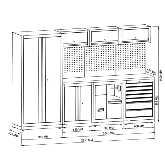 Preview: RETTER Werkstatteinrichtung RTX-0900 16-tlg Schranksystem 0,8 mm Stahl mit LED-Beleuchtung und Edelstahlarbeitsplatte 2955 x 525 x 1990 mm