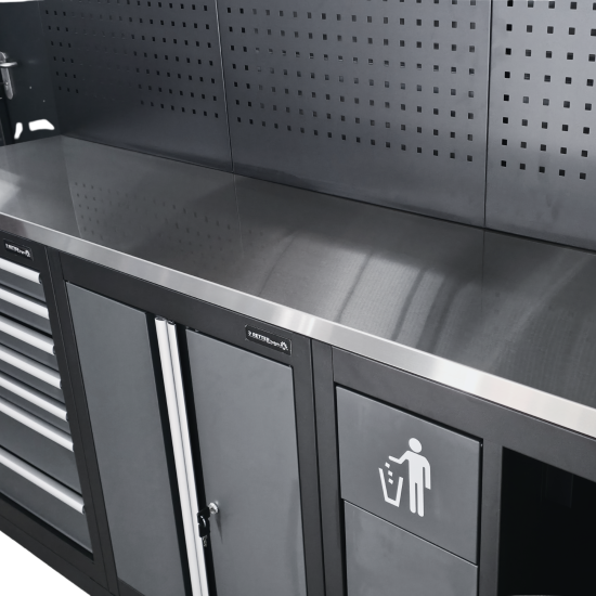 RETTER Werkstatteinrichtung RTX-0900 16-tlg Schranksystem 0,8 mm Stahl mit LED-Beleuchtung und Edelstahlarbeitsplatte 2955 x 525 x 1990 mm