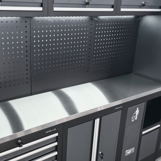 RETTER Werkstatteinrichtung RTX-0900 16-tlg Schranksystem 0,8 mm Stahl mit LED-Beleuchtung und Edelstahlarbeitsplatte 2955 x 525 x 1990 mm