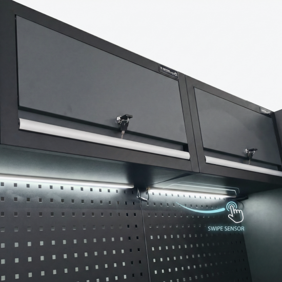 RETTER Werkstatteinrichtung RTX-0900 16-tlg Schranksystem 0,8 mm Stahl mit LED-Beleuchtung und Edelstahlarbeitsplatte 2955 x 525 x 1990 mm