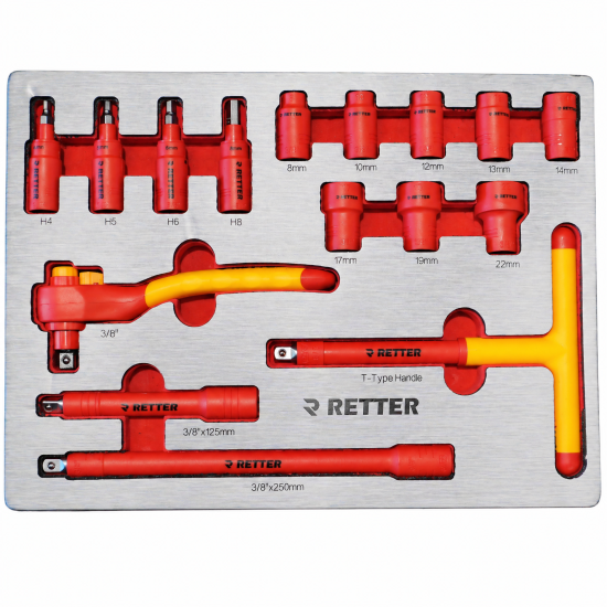 RETTER Werkzeugwagen R23 inkl. 372 Werkzeuge und VDE-Werkzeug, Alu-Einlagen, Holzplatte, 12V Akku Schlagschrauber und Akku Ratsche