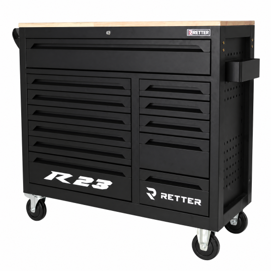 RETTER Werkzeugwagen R23 inkl. 372 Werkzeuge und VDE-Werkzeug, Alu-Einlagen, Holzplatte, 12V Akku Schlagschrauber und Akku Ratsche