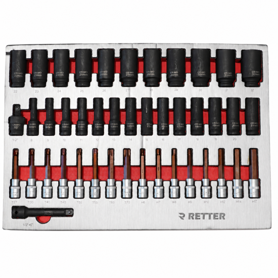 RETTER Werkzeugwagen R23 inkl. 372 Werkzeuge und VDE-Werkzeug, Alu-Einlagen, Holzplatte, 12V Akku Schlagschrauber und Akku Ratsche