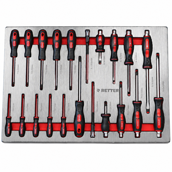 RETTER Werkzeugwagen R23 inkl. 372 Werkzeuge und VDE-Werkzeug, Alu-Einlagen, Holzplatte, 12V Akku Schlagschrauber und Akku Ratsche