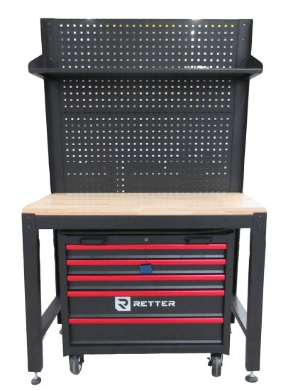 RETTER Werkbank 120 cm mit Holzplatte, Rückwand und Werkstattwagen - RT2000-Serie