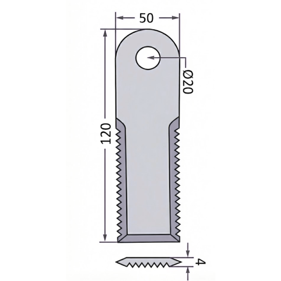 Preview: Schlägelmesser gezahnt 120 x 50 x 4 mm – Bohrung 20 mm