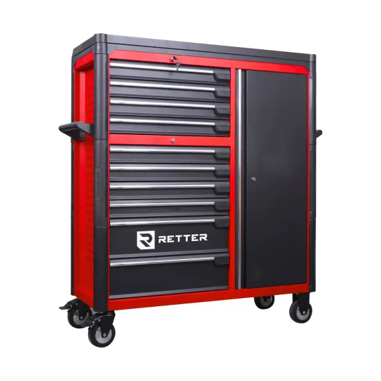 RETTER Werkstattwagen 10 Schubladen + Seitenschrank - Rollwagen 1200 mm mit Interlock System R3410XXL – Produktansicht auf weißem Hintergrund